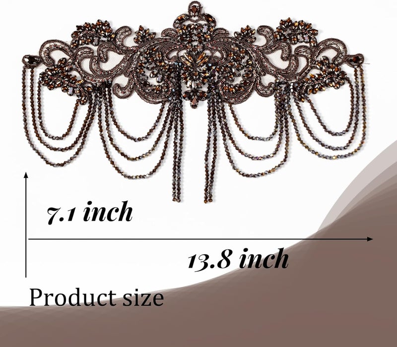 amusediy Brown Beaded Rhinestones Applique Embellishment for Clothes,Epaulettes Shoulder Patches Sew-on Diamond Sequin Applique for Wedding Dress DIY Accessories Belt Waist Decoration - Image 2